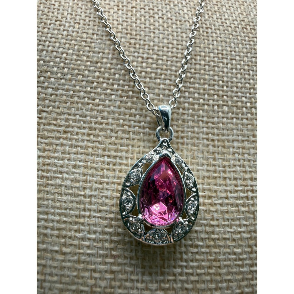 NRT Pink Pear Crystal Teardrop Pendant Necklace Silver Tone 18 Inch Chain